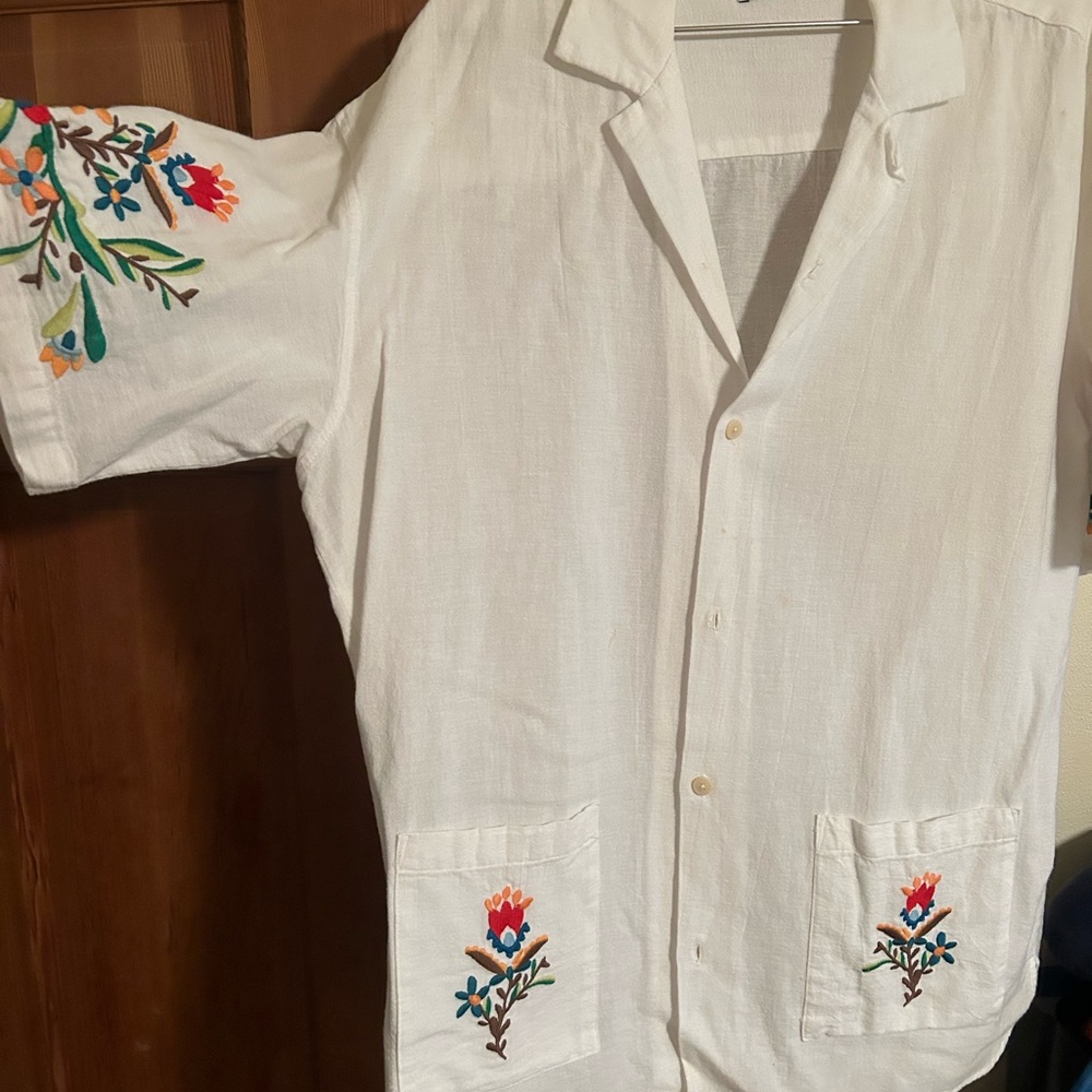 Zara White Embroidered Linen Guayabera Style Resort Shirt
